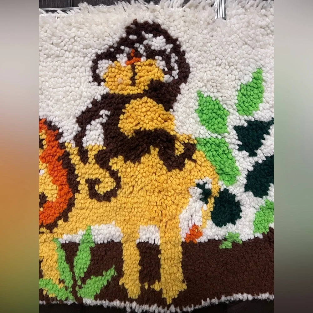 Vintage 80s Latch Hook Rug Lion Monkey with Wood Dowel for Hanging 23.5” x 18”.